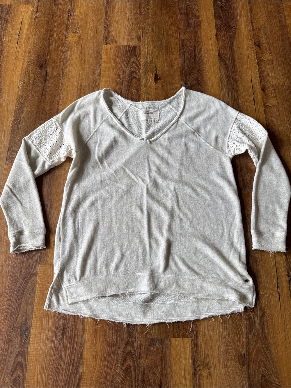 O'Neill Cream V-Neck Women's Pullover with Lace Sleeve Insets